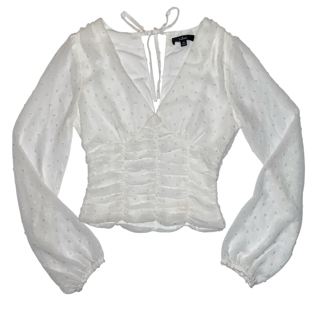 Coquette Swiss Dot Sheer Sleeve Ruched Corset Cottagecore Feminine Ethereal Top - Picture 9 of 12